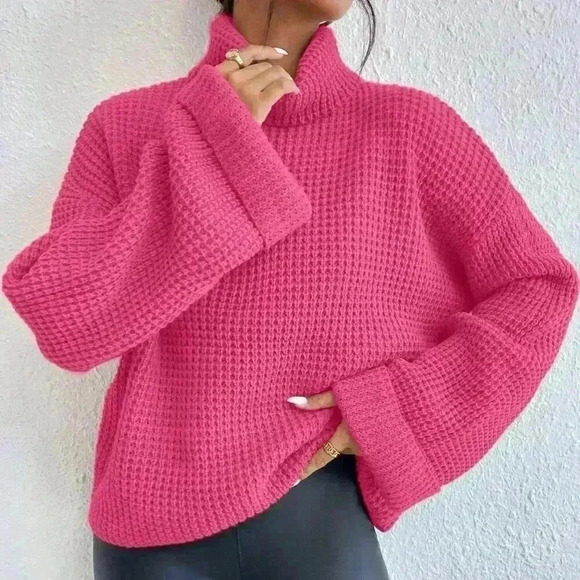 Hot Pink Casual Women's Loose Fit Turtleneck Drop Shoulder Sweater - Picture 6 of 6